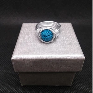 Artisan Turquoise Lava Stone Ring Silver Tone Wire Wrapped Diffuser Boho Sz 8.5 - Picture 1 of 13