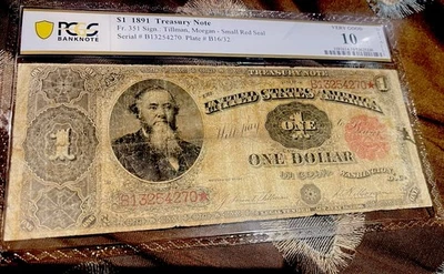 Billete del Tesoro de Estados Unidos de 1891 🌟Fr. 351 / Tillman & Morgan / rojo pequeño🌟PCGS EN MUY BUENA CONDICIÓN 10 Foto 1 de 4