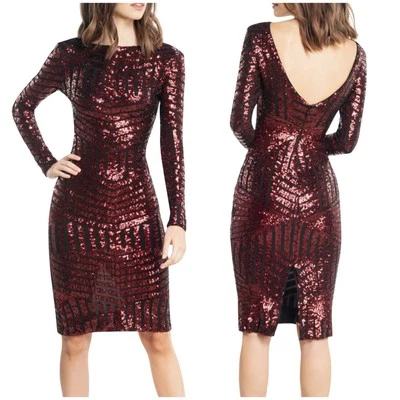 Vestido The Population Nuevo con Etiquetas Vestido de Cóctel Esmerilado Manga Larga Lentejuelas Talla L Berry Foto 1 de 4