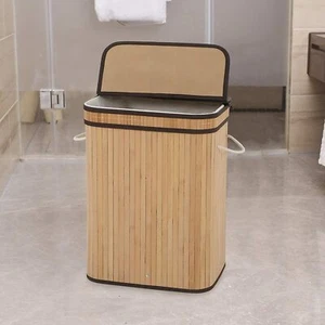 Laundry Hamper with Lid 72L Folding Bamboo Laundry Basket w/ Removable Liner US - Picture 1 of 7