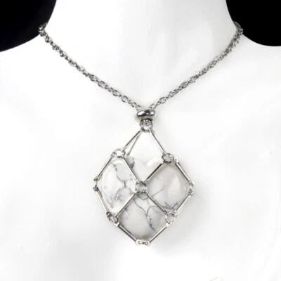 Metal Joint Woven Net Natural White Howlite Heart Pendant Adjustable Necklace - Image 1 of 4