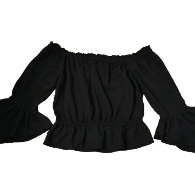 Blusa Express Fuera del Hombro Manga Campana Para Mujer Pequeña Negra BOHO Top Corto  Foto 1 de 4