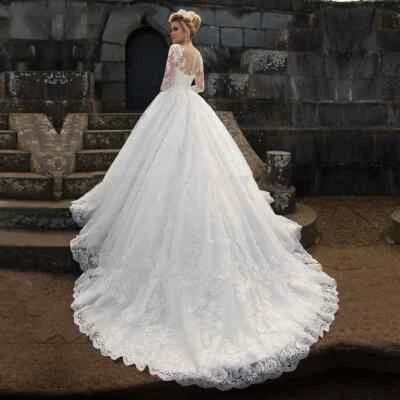 Elegant Ball Gown Long Sleeve Wedding Dress Full Lace Appliques Sweep Train - Image 1 of 4