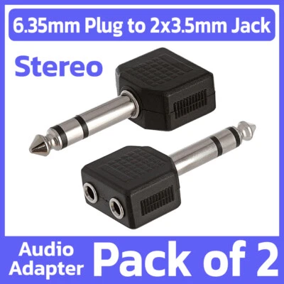 2 Pack 6.35mm Plug to 2 x 3.5mm Jacks Audio Adapter Converter Stereo Y-Splitter - Image 1 of 4