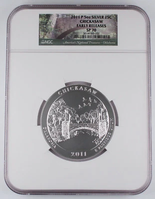 2011 P Chickasaw America the Beautiful 5 oz Silver Coin SP70 NGC Early Releases - Image 1 of 4