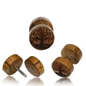 PAIR TEAK WOOD FAKE INLAY TREE OF LIFE CHEATER PLUGS 18g PLUG 00G HEADS GAUGES - Picture 1 of 1