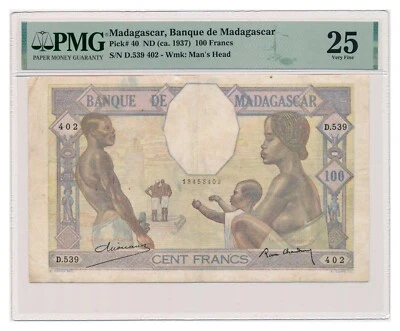 MADAGASCAR banknote 100 Francs 1937 PMG VF 25 Very Fine - Image 1 of 4