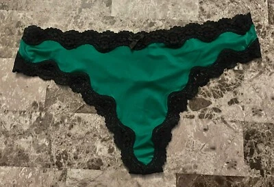 NWT VICTORIA'S SECRET LARGE GREEN SATIN SMOOTH BLACK LACE RARE THONG PANTIES - Image 1 of 3