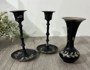 Vintage Etched Metal Black & Silver Vase And Matching Candleholders Home Decor - Picture 1 of 13