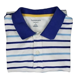 Lands End Polo Shirt Large Traditional Fit White Blue Stripe 100% Cotton S/S - Picture 1 of 5