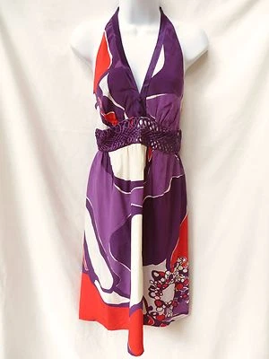 $268 Vestido Anthropologie BETH BOWLEY Mujer Púrpura Rojo Blanco Retro Mod Seda 4 S Foto 1 de 2