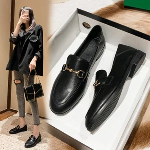 Small Black Leather Shoes Women's Leather Women's Shoes All Match Flat Shoes Wom - Picture 1 of 5