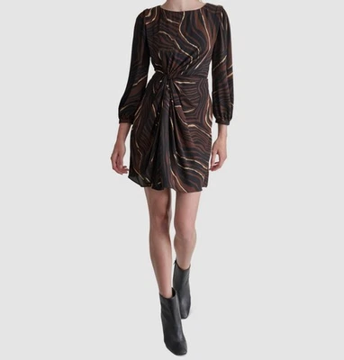 DKNY Women's Brown Printed Twisted Front Fit & Flare Long Sleeve Dress Size 4 - Image 1 of 4