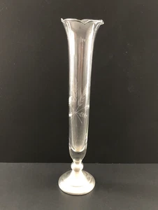 VTG Web Pewter & Etched Crystal Floral Bud Vase Scalloped Edge Wheat Design 11" - Picture 1 of 4