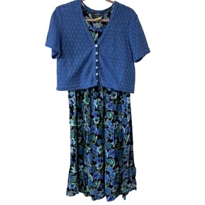 Molly Malloy Vtg Womens Sz 12 Black & Blue Floral Midi Dress & Cardigan Granny - Picture 1 of 8