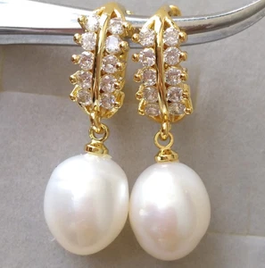 Precioso par aretes colgantes atemporales de circón de perlas blancas del Mar del Sur de 9-12 mm - Imagen 1 de 8