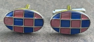 Rhodium Plated Cuff Links Oval Polished Pink & Blue Inlay Special Occasion - Picture 1 of 7