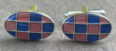 Gemelos enchapados en rodio ovalados pulidos incrustaciones rosa y azul ocasión especial Foto 1 de 4