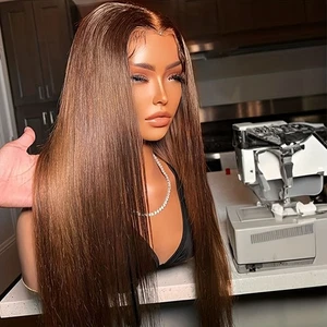 Brown Highlights Long Straight Hair Lace Front Wigs Pre Plucked Natural Hairline - Picture 1 of 7