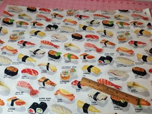 Foodie Fabric Japanese Sushi Fish Rice on White Robert Kaufman Cotton 35" x 44" - Picture 1 of 9