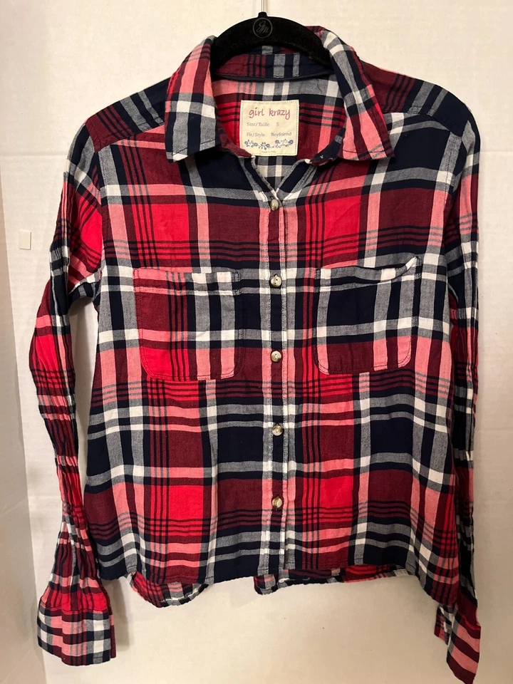 girl krazy Red Black White Plaid Small Flannel Long Sleeve Blouse Western Grunge - Image 1 of 4