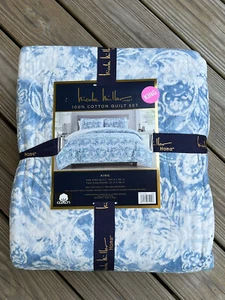 Nicole Miller Blue White KING Cotton Quilt Paisley Watercolor 2 Shams Set New - Picture 1 of 4