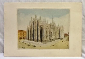 Antique Signed Color Etching of Cathedral in Milan, Italy - Picture 1 of 8