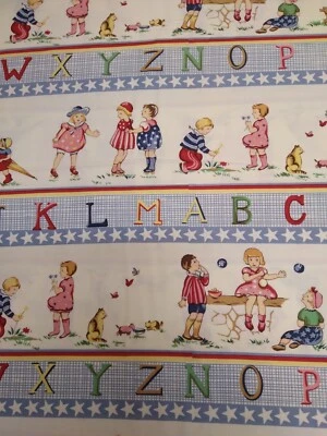Vintage Alphabet Stripes Michael Miller 2  3/4 yds plus 5" kids dogs cats ABC's - Image 1 of 4