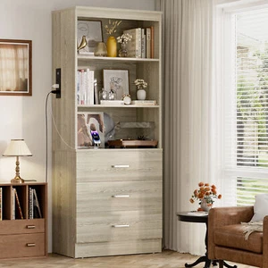 23.6" Storage Cabinet Bookshelf with Charging Station and 3 Wood Drawers - Picture 1 of 24