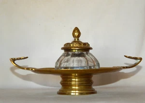 Tintenfass mit Ablage und Handhaben Bronze und Kristall um 1900 - Bild 1 von 6
