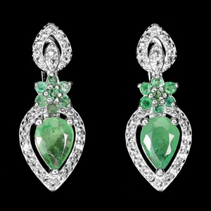 925 Sterling Silver Earrings Pear Emerald 7x5mm White Topaz Gemstone Jewelry - Picture 1 of 13