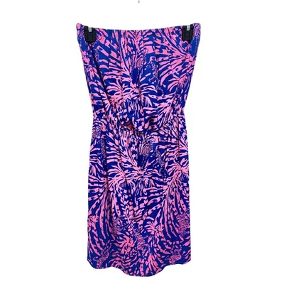 Lilly Pulitzer Small Strapless Pink Blue Print Coral Reef Indigo Chauvin Coastal - Image 1 of 4