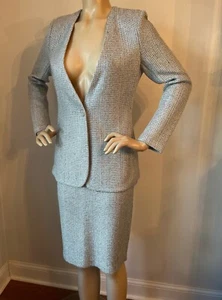 NEW ST JOHN KNIT SIZE 8 SKIRT SUIT SILVER TWEED SHIMMER  - Picture 1 of 10