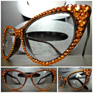 Vintage Femmes 60s Chat Yeux Style Verre Transparent Lunettes Orange Cristaux - Picture 1 of 10