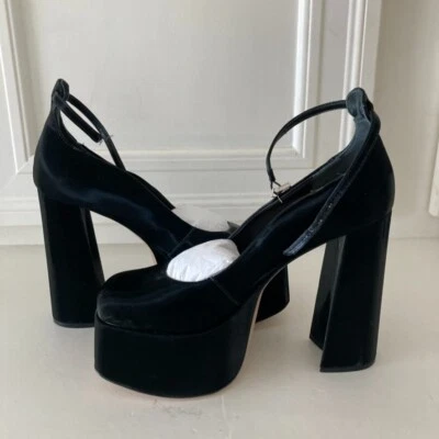Schutz Free People Darlene Platform Heels Ankle Strap Black Satin Sz 8.5 NWOB - Image 1 of 4