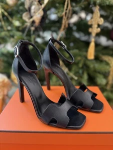 Hermes Joy 105 Noir Black Calfskin Leather Smooth Ankle Strap Sandal Heels 37.5 - Picture 1 of 14
