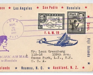 FIJI Air Mail Cover Suva FIRST TRANSPACIFIC FLIGHT USA NY Ozone Park 1941 XC365 - Picture 1 of 9