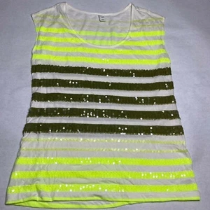 Old Navy Sequin Striped Sleeveless T-Shirt Neon Yellow White Women Size Small - Picture 1 of 8