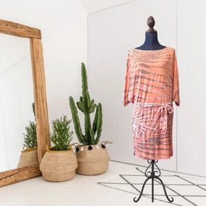 Ramona LaRue Women's S Short Dolman Sleeve Palm Stripe Belted Shirt Dress Orange - Picture 1 of 10