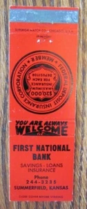 SUMMERFIELD, KANSAS: ERSTE NATIONALBANK-STREICHHOLZSCHACHTEL-STREICHHOLZHÜLLE -E - Bild 1 von 1
