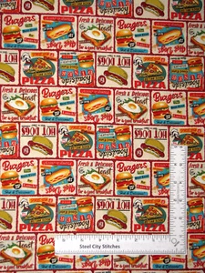 Travel Diner Food Signs Fabric Lifes A Kick Route 66 Cotton Blank Textiles Yard - Picture 1 of 1