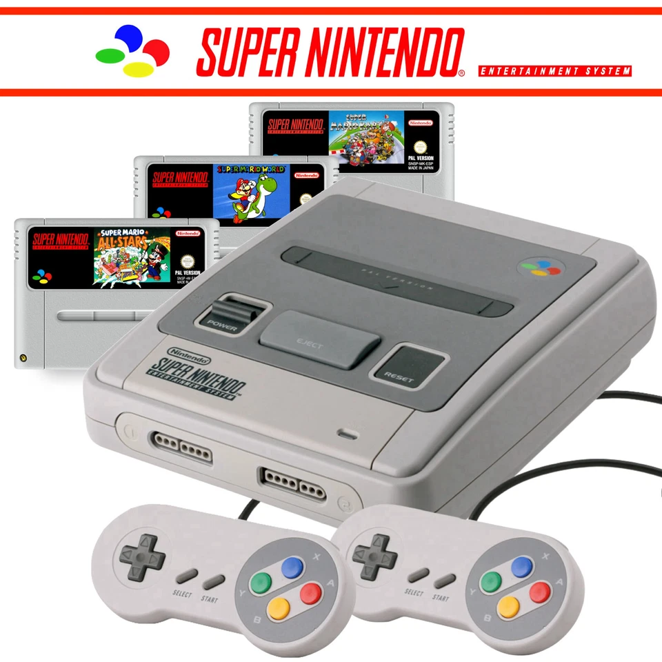 SNES / Super Nintendo Konsole + Mario Spiel, 2 Controller 🎮🎮✅ & ALLE Kabel - Bild 1 von 4