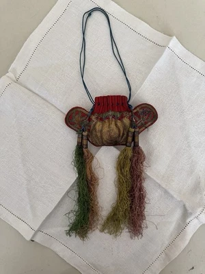 antique Qing Chinese embroidered scent purse satchel tassel pouch-Silk-Gold-Red - Image 1 of 4