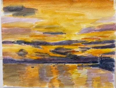 Puesta de sol púrpura y amarillo sobre acuarela pintura-C. años 60-Israel L. Winarsky Foto 1 de 4