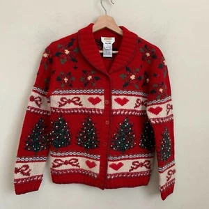 Talbots Womens Sweater Red Ivory Multi Button Lambs Wool Angora Hand Knit Size P - Picture 1 of 7