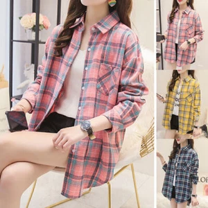 Womans Ladies Long Sleeve Check Blouse Plaid Shirt Button Casual Tops Plus Size~ - Picture 1 of 15