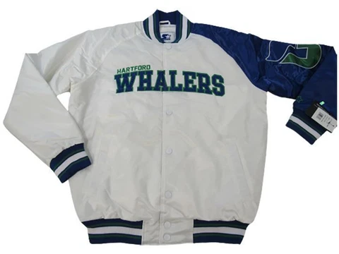 New Hartford Whalers Mens Sizes L-XL White/Blue Satin Button Snap Starter Jacket Cover