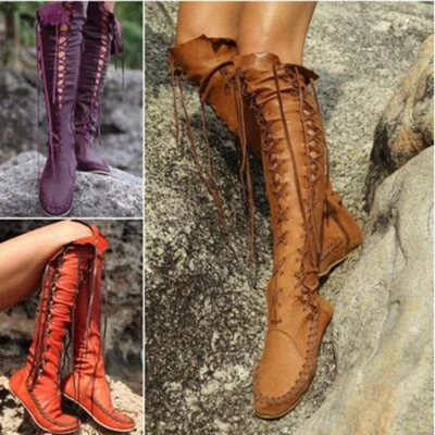 Combat Gladiator Womens Knee High Knight Boots Boot Lace Up Flat Punk Shoes Goth - Image 1 of 4