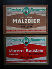 2 etykiety piwa NRD VEB Dresdner Brauerei, Saksonia, Niemcy