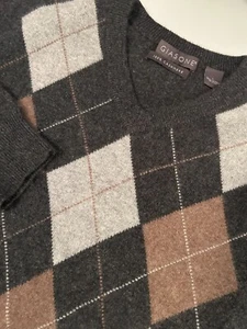 Giasone Men's L 100% Cashmere V-Neck Sweater Charcoal Gray Brown Argyle Diamond - Picture 1 of 7